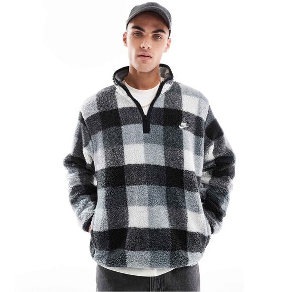 Nike Club Winterized Plaid Black Grey & White Half Zip Fleece Sherpa Pullover